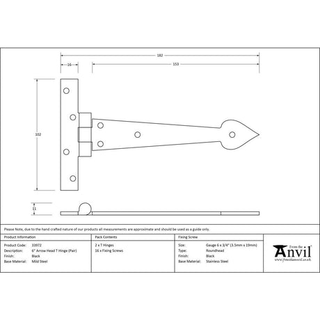 This is an image showing From The Anvil - Black 6" Arrow Head T Hinge (pair) available from T.H Wiggans Architectural Ironmongery, quick delivery and discounted prices