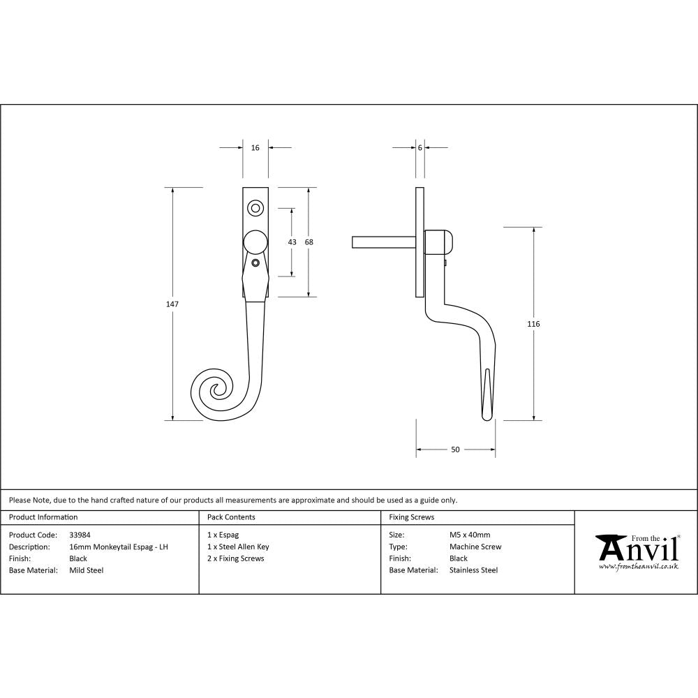 This is an image showing From The Anvil - Black 16mm Monkeytail Espag - LH available from T.H Wiggans Architectural Ironmongery in Kendal, quick delivery and discounted prices