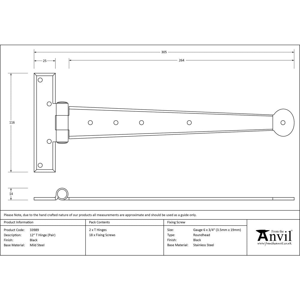 This is an image showing From The Anvil - Black 12" Penny End T Hinge (pair) available from T.H Wiggans Architectural Ironmongery, quick delivery and discounted prices