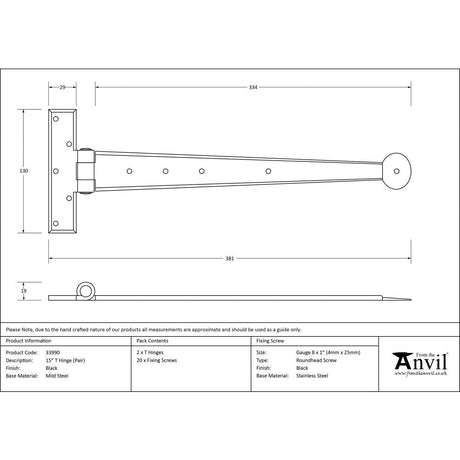This is an image showing From The Anvil - Black 15" Penny End T Hinge (pair) available from T.H Wiggans Architectural Ironmongery, quick delivery and discounted prices