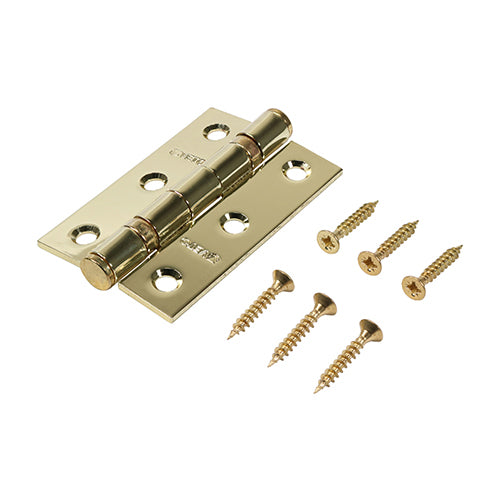 This is an image showing TIMCO Twin Ball Bearing Hinges - Steel - Electro Brass - 76 x 51 - 2 Pieces Box available from T.H Wiggans Ironmongery in Kendal, quick delivery at discounted prices.