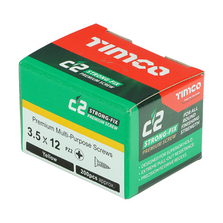 This is an image showing TIMCO C2 Strong-Fix - PZ - Double Countersunk - Sharp Point - Yellow - 3.5 x 12 - 200 Pieces Box available from T.H Wiggans Ironmongery in Kendal, quick delivery at discounted prices.