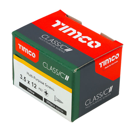 This is an image showing TIMCO Classic Multi-Purpose Screws - PZ - Double Countersunk - Yellow - 3.5 x 12 - 200 Pieces Box available from T.H Wiggans Ironmongery in Kendal, quick delivery at discounted prices.