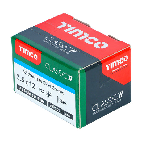 This is an image showing TIMCO Classic Multi-Purpose Screws - PZ - Double Countersunk - A2 Stainless Steel
 - 3.5 x 12 - 200 Pieces Box available from T.H Wiggans Ironmongery in Kendal, quick delivery at discounted prices.