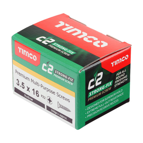 This is an image showing TIMCO C2 Strong-Fix - PZ - Double Countersunk - Sharp Point - Yellow - 3.5 x 16 - 200 Pieces Box available from T.H Wiggans Ironmongery in Kendal, quick delivery at discounted prices.