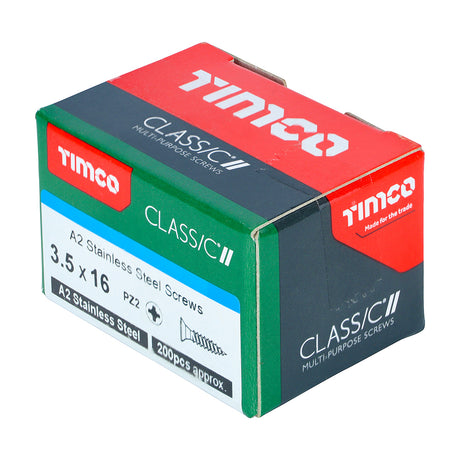 This is an image showing TIMCO Classic Multi-Purpose Screws - PZ - Double Countersunk - A2 Stainless Steel
 - 3.5 x 16 - 200 Pieces Box available from T.H Wiggans Ironmongery in Kendal, quick delivery at discounted prices.