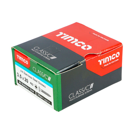 This is an image showing TIMCO Classic Multi-Purpose Screws - PZ - Double Countersunk - A4 Stainless Steel
 - 3.5 x 20 - 200 Pieces Box available from T.H Wiggans Ironmongery in Kendal, quick delivery at discounted prices.