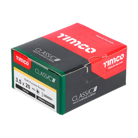 This is an image showing TIMCO Classic Multi-Purpose Screws - PZ - Double Countersunk - Yellow - 3.5 x 20 - 200 Pieces Box available from T.H Wiggans Ironmongery in Kendal, quick delivery at discounted prices.