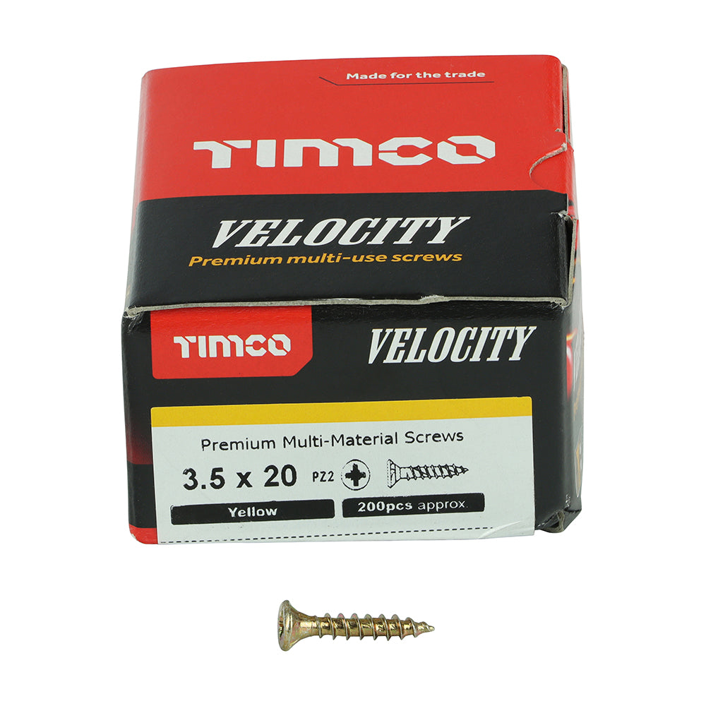 This is an image showing TIMCO Velocity Premium Multi-Use Screws - PZ - Double Countersunk - Yellow
- 3.5 x 20 - 200 Pieces Box available from T.H Wiggans Ironmongery in Kendal, quick delivery at discounted prices.
