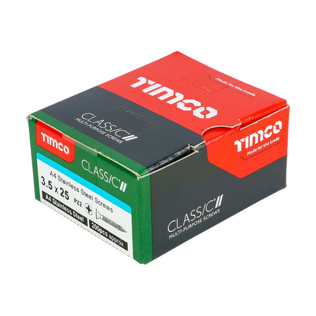 This is an image showing TIMCO Classic Multi-Purpose Screws - PZ - Double Countersunk - A4 Stainless Steel
 - 3.5 x 25 - 200 Pieces Box available from T.H Wiggans Ironmongery in Kendal, quick delivery at discounted prices.