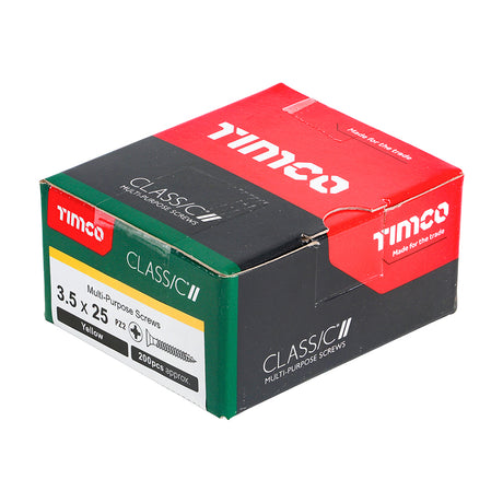 This is an image showing TIMCO Classic Multi-Purpose Screws - PZ - Double Countersunk - Yellow - 3.5 x 25 - 200 Pieces Box available from T.H Wiggans Ironmongery in Kendal, quick delivery at discounted prices.