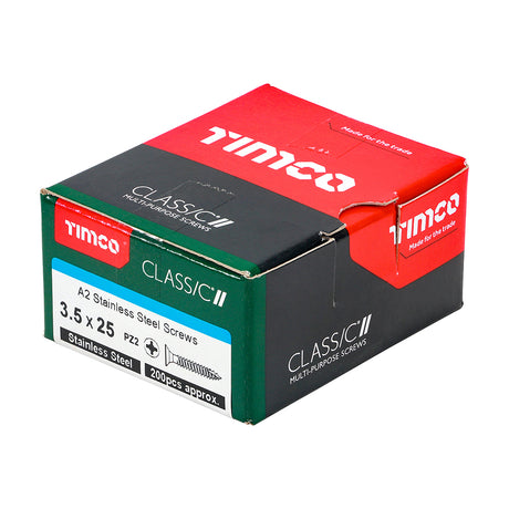 This is an image showing TIMCO Classic Multi-Purpose Screws - PZ - Double Countersunk - A2 Stainless Steel
 - 3.5 x 25 - 200 Pieces Box available from T.H Wiggans Ironmongery in Kendal, quick delivery at discounted prices.