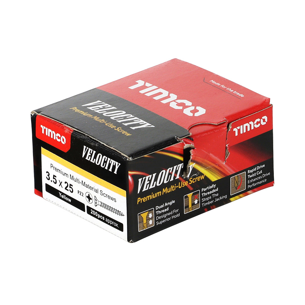 This is an image showing TIMCO Velocity Premium Multi-Use Screws - PZ - Double Countersunk - Yellow
- 3.5 x 25 - 200 Pieces Box available from T.H Wiggans Ironmongery in Kendal, quick delivery at discounted prices.