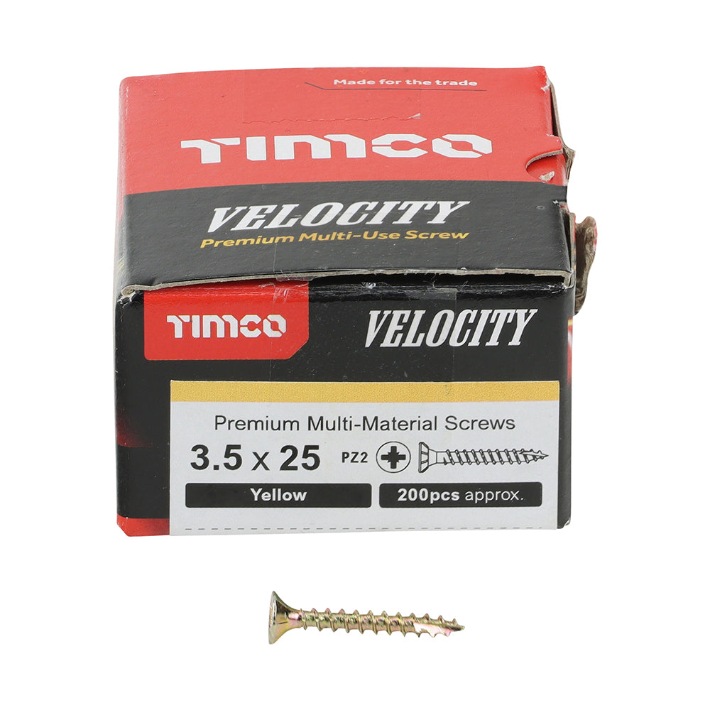 This is an image showing TIMCO Velocity Premium Multi-Use Screws - PZ - Double Countersunk - Yellow
- 3.5 x 25 - 200 Pieces Box available from T.H Wiggans Ironmongery in Kendal, quick delivery at discounted prices.