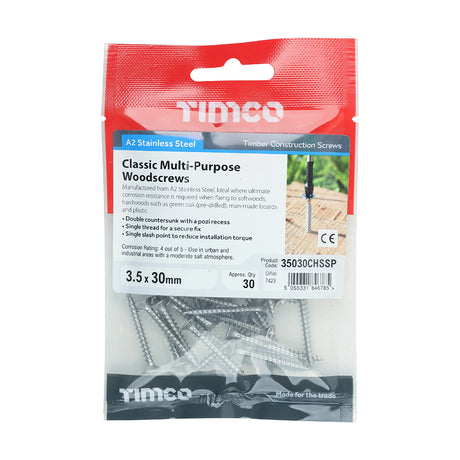 This is an image showing TIMCO Classic Multi-Purpose Screws - PZ - Double Countersunk - Stainless Steel - 3.5 x 30 - 30 Pieces TIMpac available from T.H Wiggans Ironmongery in Kendal, quick delivery at discounted prices.