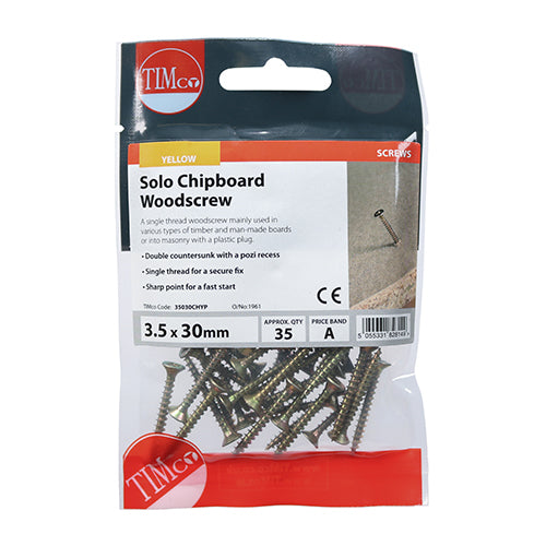 This is an image showing TIMCO Solo Woodscrews - PZ - Double Countersunk - Yellow - 3.5 x 30 - 35 Pieces TIMpac available from T.H Wiggans Ironmongery in Kendal, quick delivery at discounted prices.