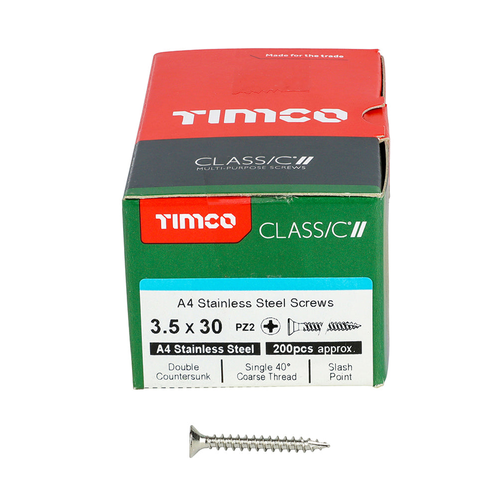 This is an image showing TIMCO Classic Multi-Purpose Screws - PZ - Double Countersunk - A4 Stainless Steel
 - 3.5 x 30 - 200 Pieces Box available from T.H Wiggans Ironmongery in Kendal, quick delivery at discounted prices.