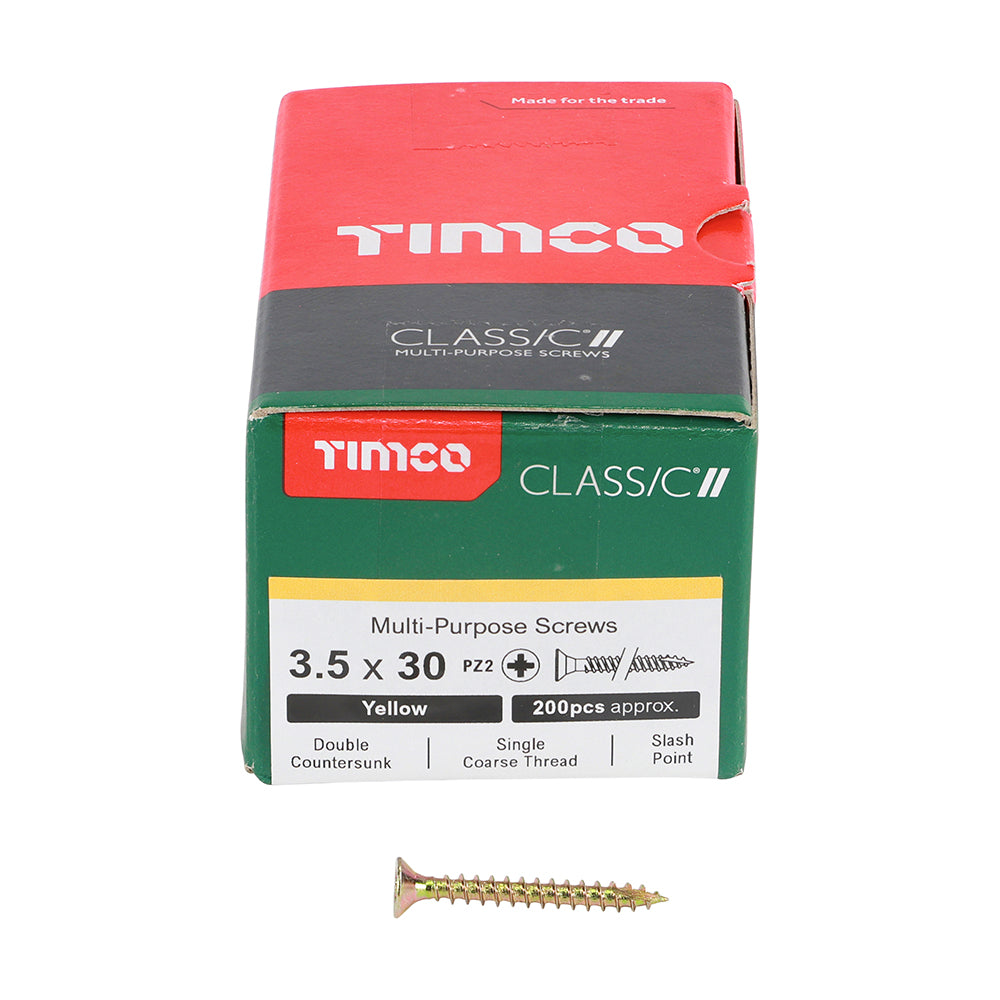 This is an image showing TIMCO Classic Multi-Purpose Screws - PZ - Double Countersunk - Yellow - 3.5 x 30 - 200 Pieces Box available from T.H Wiggans Ironmongery in Kendal, quick delivery at discounted prices.