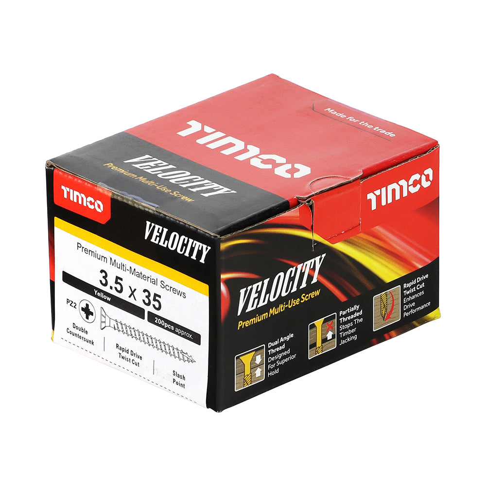 This is an image showing TIMCO Velocity Premium Multi-Use Screws - PZ - Double Countersunk - Yellow
- 3.5 x 35 - 200 Pieces Box available from T.H Wiggans Ironmongery in Kendal, quick delivery at discounted prices.