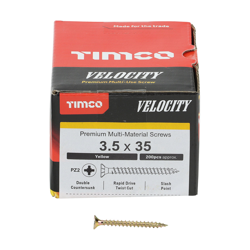 This is an image showing TIMCO Velocity Premium Multi-Use Screws - PZ - Double Countersunk - Yellow
- 3.5 x 35 - 200 Pieces Box available from T.H Wiggans Ironmongery in Kendal, quick delivery at discounted prices.