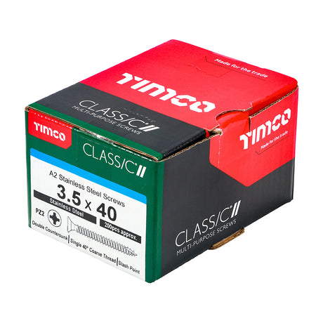 This is an image showing TIMCO Classic Multi-Purpose Screws - PZ - Double Countersunk - A2 Stainless Steel
 - 3.5 x 40 - 200 Pieces Box available from T.H Wiggans Ironmongery in Kendal, quick delivery at discounted prices.