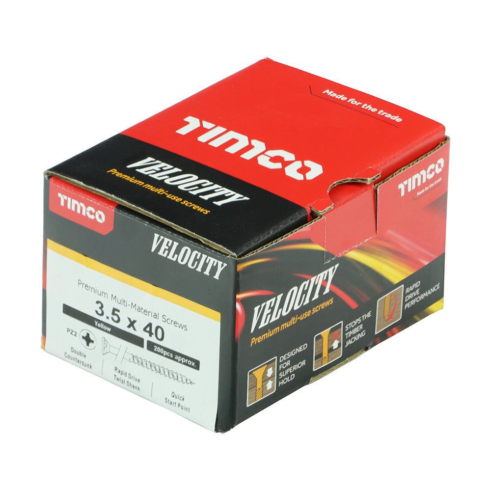 This is an image showing TIMCO Velocity Premium Multi-Use Screws - PZ - Double Countersunk - Yellow
- 3.5 x 40 - 200 Pieces Box available from T.H Wiggans Ironmongery in Kendal, quick delivery at discounted prices.