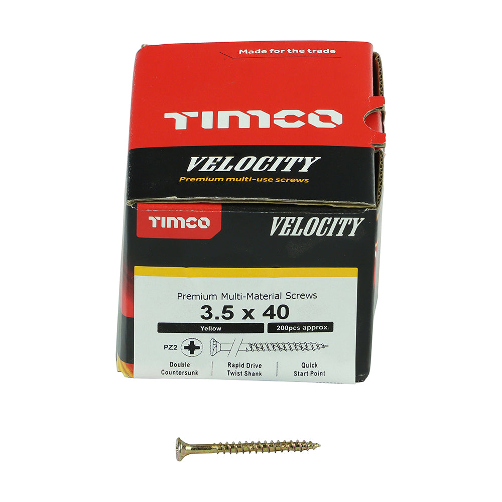 This is an image showing TIMCO Velocity Premium Multi-Use Screws - PZ - Double Countersunk - Yellow
- 3.5 x 40 - 200 Pieces Box available from T.H Wiggans Ironmongery in Kendal, quick delivery at discounted prices.