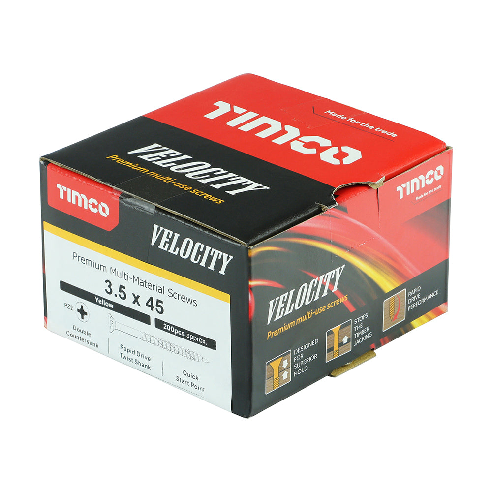 This is an image showing TIMCO Velocity Premium Multi-Use Screws - PZ - Double Countersunk - Yellow
- 3.5 x 45 - 200 Pieces Box available from T.H Wiggans Ironmongery in Kendal, quick delivery at discounted prices.