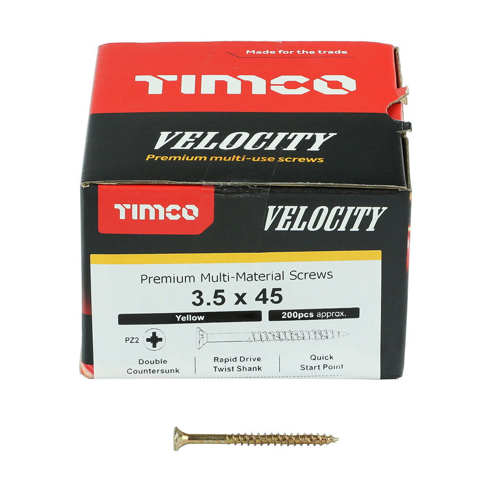 This is an image showing TIMCO Velocity Premium Multi-Use Screws - PZ - Double Countersunk - Yellow
- 3.5 x 45 - 200 Pieces Box available from T.H Wiggans Ironmongery in Kendal, quick delivery at discounted prices.