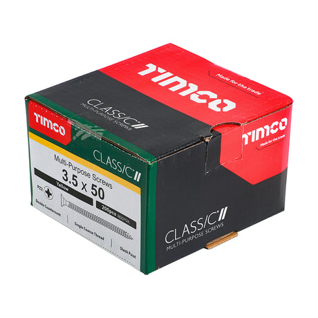 This is an image showing TIMCO Classic Multi-Purpose Screws - PZ - Double Countersunk - Yellow - 3.5 x 50 - 200 Pieces Box available from T.H Wiggans Ironmongery in Kendal, quick delivery at discounted prices.