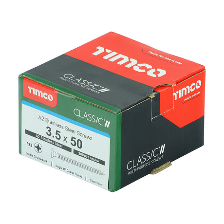 This is an image showing TIMCO Classic Multi-Purpose Screws - PZ - Double Countersunk - A2 Stainless Steel
 - 3.5 x 50 - 200 Pieces Box available from T.H Wiggans Ironmongery in Kendal, quick delivery at discounted prices.