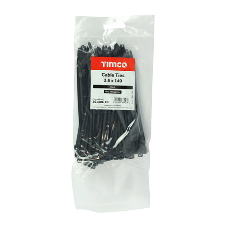 This is an image showing TIMCO Cable Ties - Black - 3.6 x 140 - 100 Pieces Bag available from T.H Wiggans Ironmongery in Kendal, quick delivery at discounted prices.