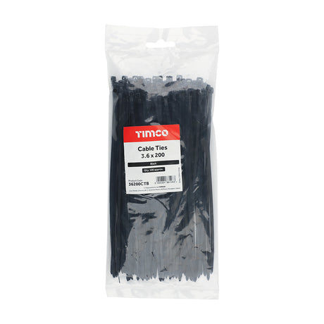 This is an image showing TIMCO Cable Ties - Black - 3.6 x 200 - 100 Pieces Bag available from T.H Wiggans Ironmongery in Kendal, quick delivery at discounted prices.
