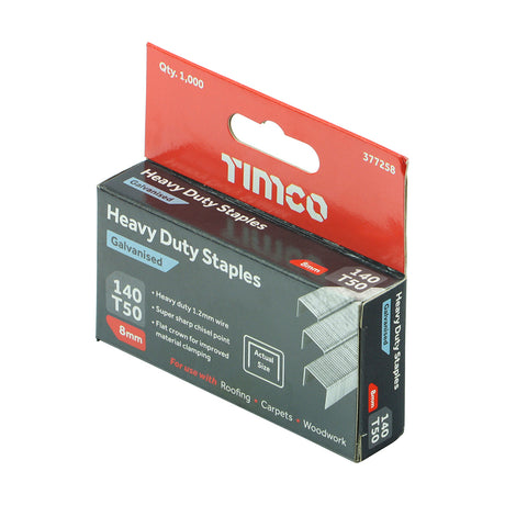 This is an image showing TIMCO Heavy Duty Staples - Chisel Point - Galvanised  - 8mm - 1000 Pieces Box available from T.H Wiggans Ironmongery in Kendal, quick delivery at discounted prices.