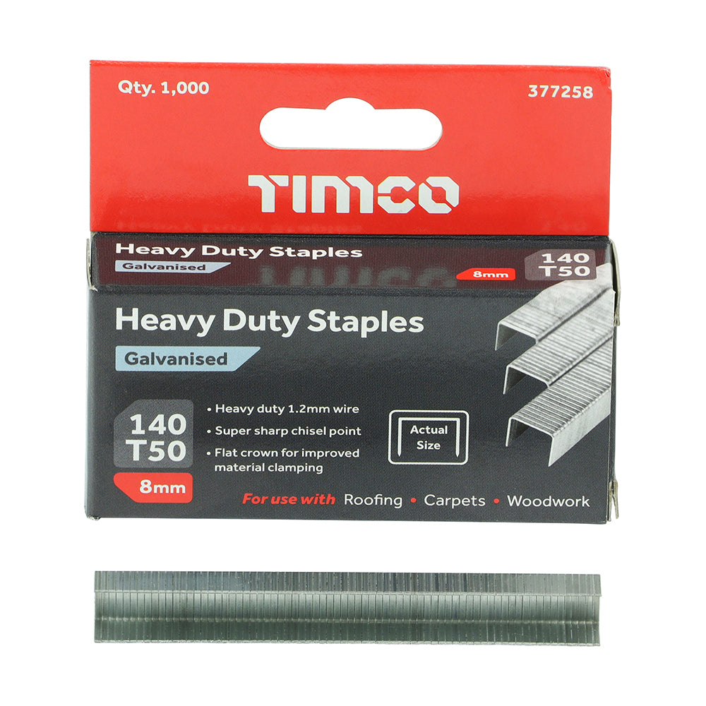 This is an image showing TIMCO Heavy Duty Staples - Chisel Point - Galvanised  - 8mm - 1000 Pieces Box available from T.H Wiggans Ironmongery in Kendal, quick delivery at discounted prices.