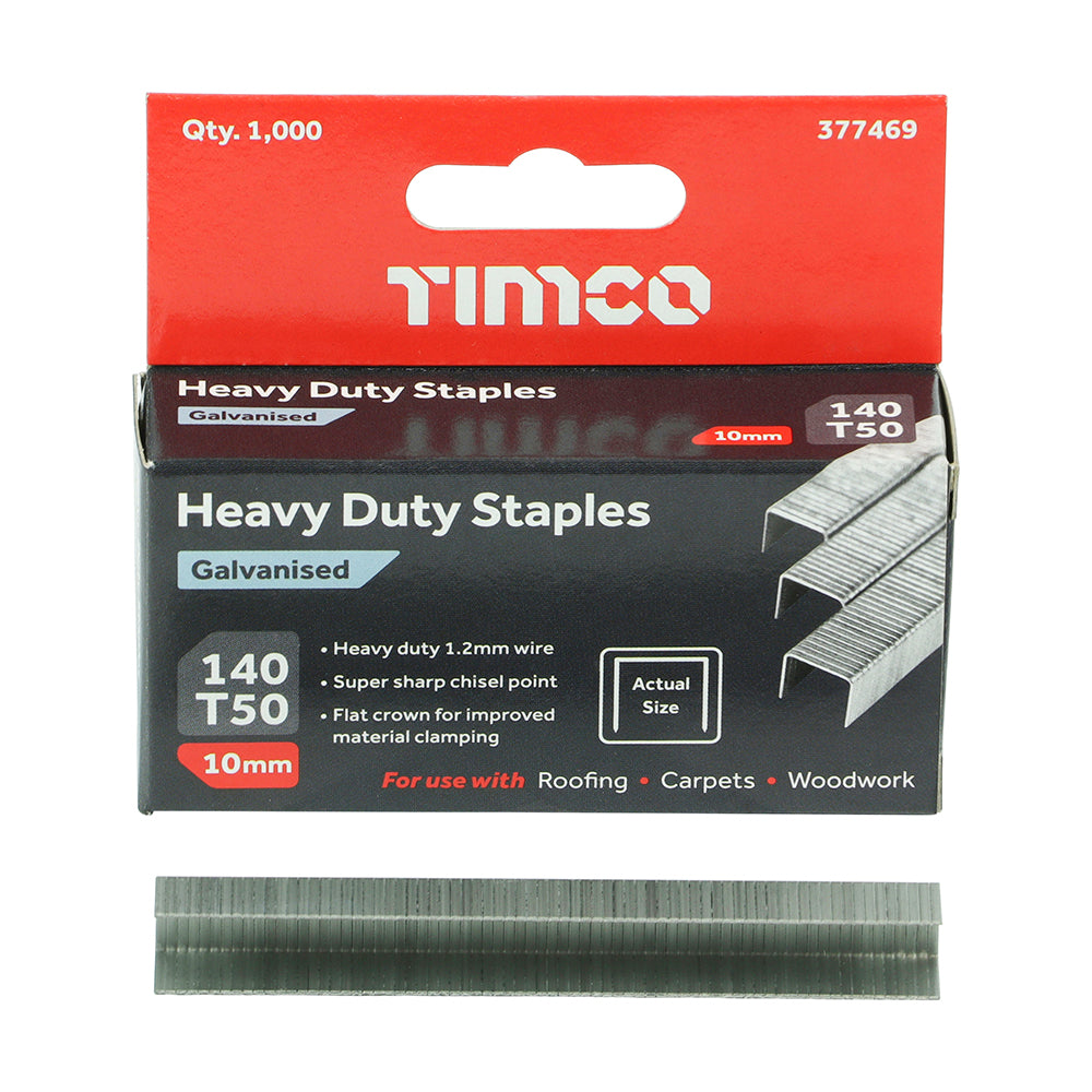 This is an image showing TIMCO Heavy Duty Staples - Chisel Point - Galvanised  - 10mm - 1000 Pieces Box available from T.H Wiggans Ironmongery in Kendal, quick delivery at discounted prices.