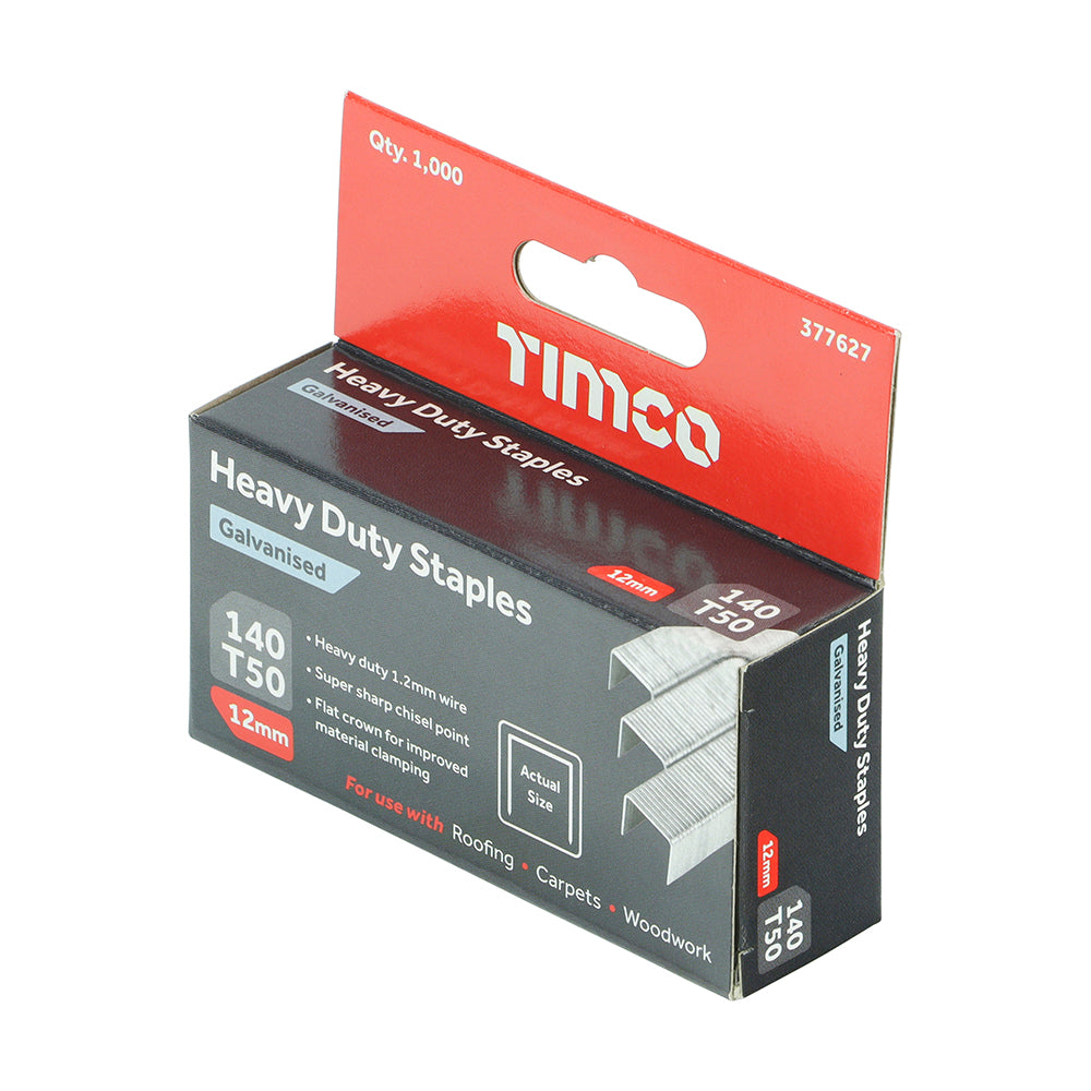 This is an image showing TIMCO Heavy Duty Staples - Chisel Point - Galvanised  - 12mm - 1000 Pieces Box available from T.H Wiggans Ironmongery in Kendal, quick delivery at discounted prices.