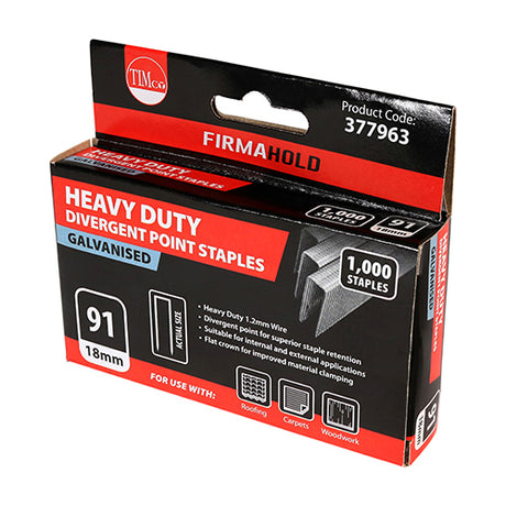 This is an image showing TIMCO Heavy Duty Staples - Divergent Point - Galvanised  - 18mm - 1000 Pieces Box available from T.H Wiggans Ironmongery in Kendal, quick delivery at discounted prices.