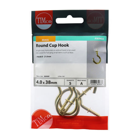 This is an image showing TIMCO Cup Hooks - Round - Electro Brass - 38mm - 5 Pieces TIMpac available from T.H Wiggans Ironmongery in Kendal, quick delivery at discounted prices.
