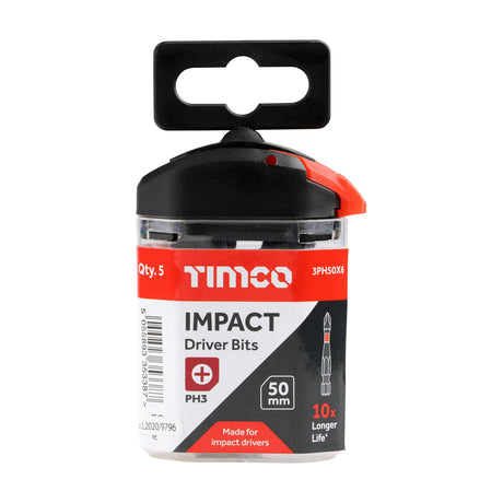 This is an image showing TIMCO Impact Driver Bits - PH - No.3 x 50 - 5 Pieces Handy Bit Pack available from T.H Wiggans Ironmongery in Kendal, quick delivery at discounted prices.