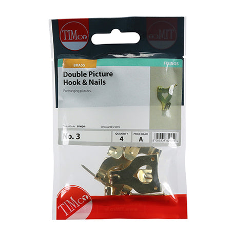 This is an image showing TIMCO Picture Hanging Hooks - Double - Electro Brass - No.3 Double - 4 Pieces TIMpac available from T.H Wiggans Ironmongery in Kendal, quick delivery at discounted prices.