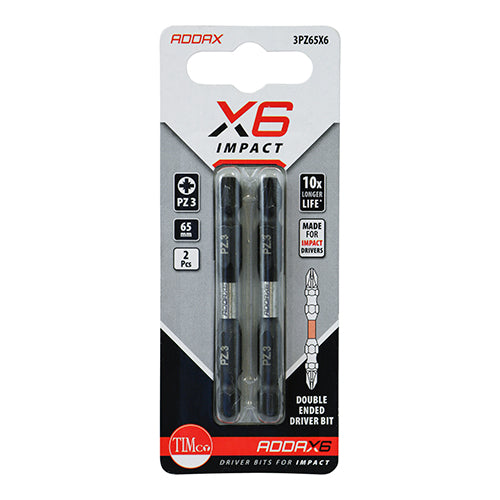 This is an image showing TIMCO Impact Driver Bits - PZ - Double Ended - No.3 x 65 - 2 Pieces Blister Pack available from T.H Wiggans Ironmongery in Kendal, quick delivery at discounted prices.