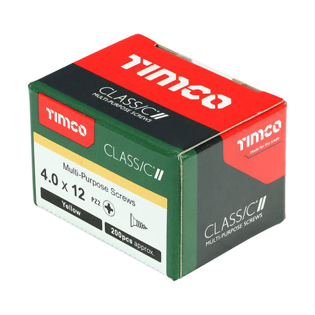 This is an image showing TIMCO Classic Multi-Purpose Screws - PZ - Double Countersunk - Yellow - 4.0 x 12 - 200 Pieces Box available from T.H Wiggans Ironmongery in Kendal, quick delivery at discounted prices.