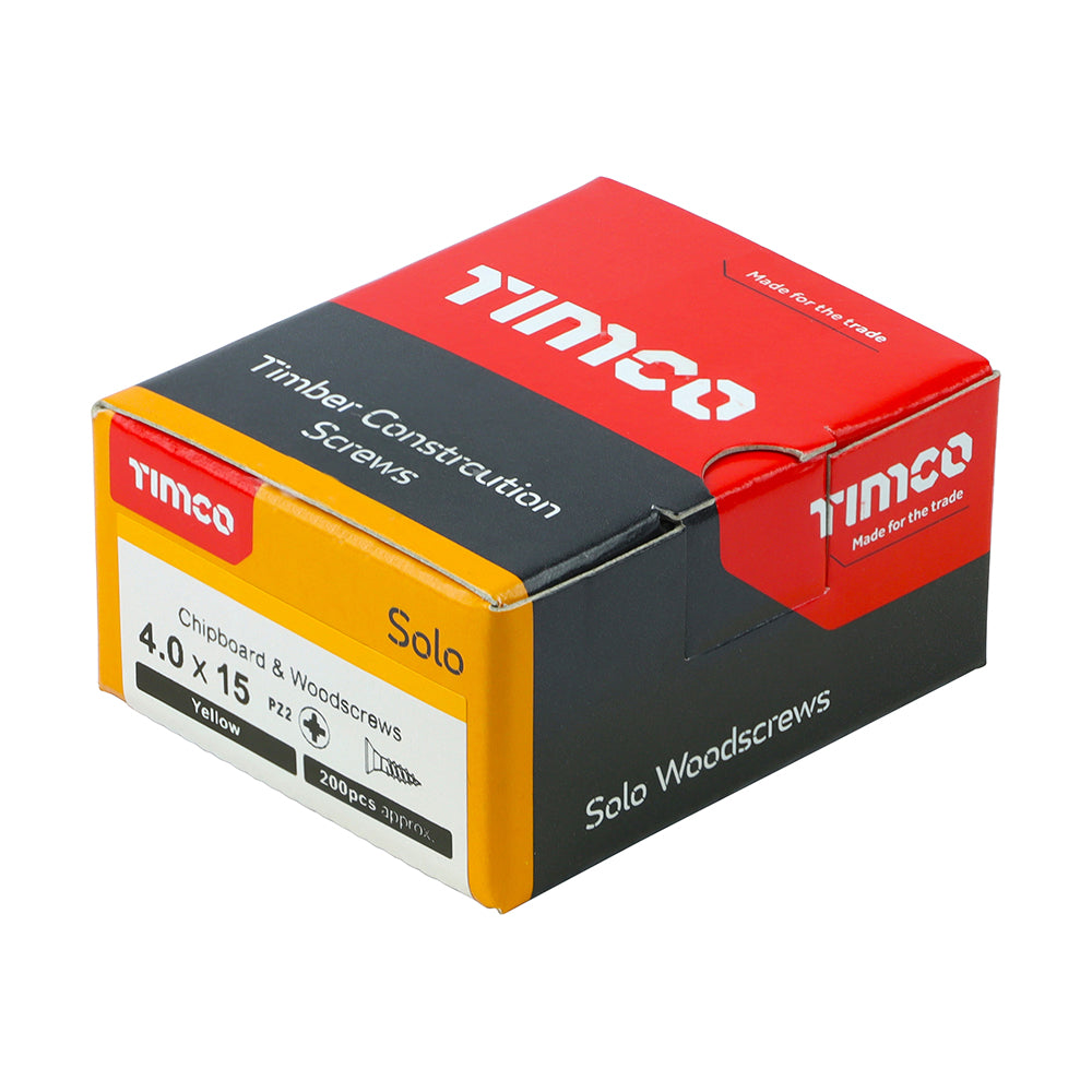 This is an image showing TIMCO Solo Chipboard & Woodscrews - PZ - Double Countersunk - Yellow - 4.0 x 15 - 200 Pieces Box available from T.H Wiggans Ironmongery in Kendal, quick delivery at discounted prices.
