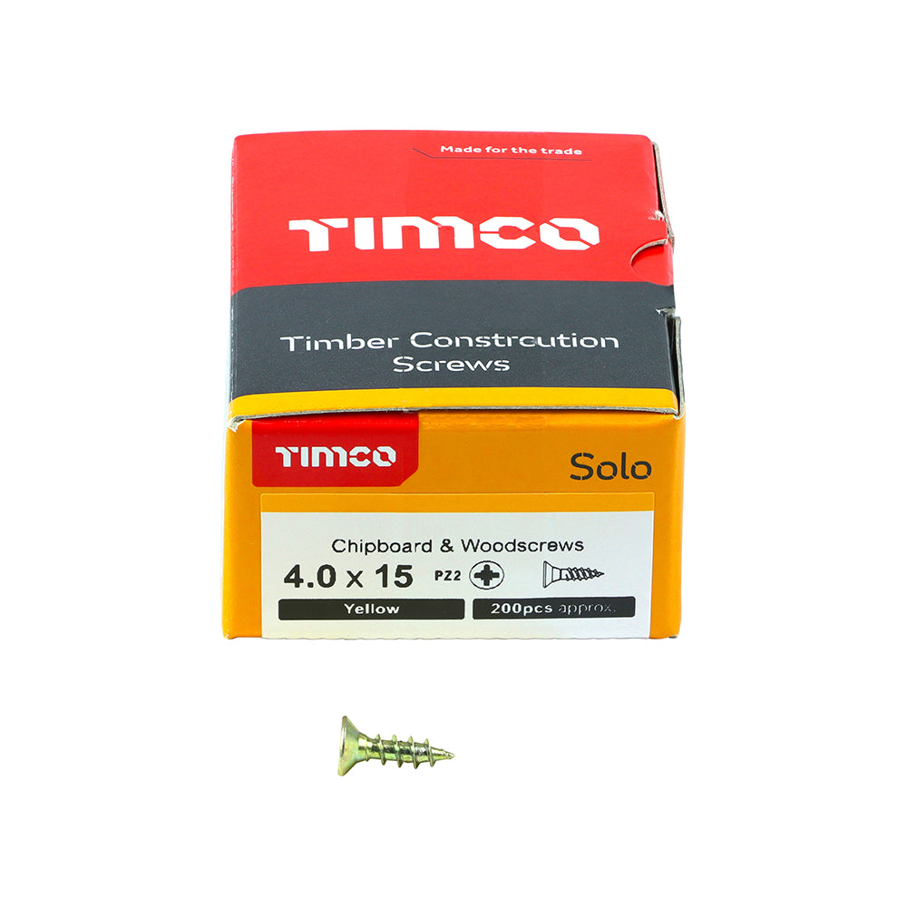 This is an image showing TIMCO Solo Chipboard & Woodscrews - PZ - Double Countersunk - Yellow - 4.0 x 15 - 200 Pieces Box available from T.H Wiggans Ironmongery in Kendal, quick delivery at discounted prices.