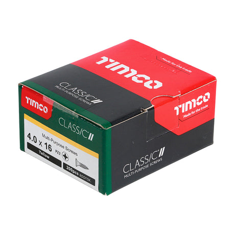 This is an image showing TIMCO Classic Multi-Purpose Screws - PZ - Double Countersunk - Yellow - 4.0 x 16 - 200 Pieces Box available from T.H Wiggans Ironmongery in Kendal, quick delivery at discounted prices.