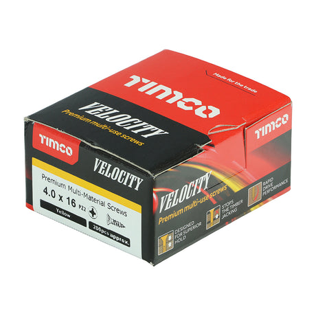 This is an image showing TIMCO Velocity Premium Multi-Use Screws - PZ - Double Countersunk - Yellow
 - 4.0 x 16 - 200 Pieces Box available from T.H Wiggans Ironmongery in Kendal, quick delivery at discounted prices.