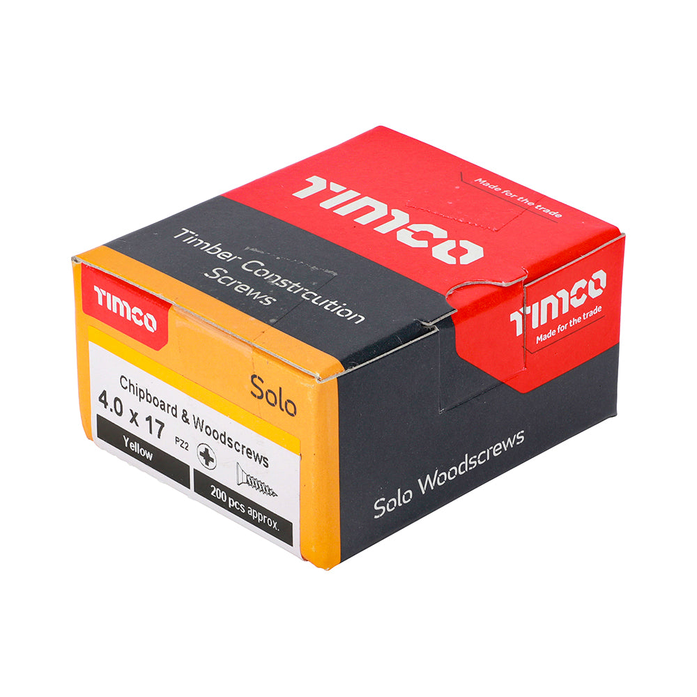This is an image showing TIMCO Solo Chipboard & Woodscrews - PZ - Double Countersunk - Yellow - 4.0 x 17 - 200 Pieces Box available from T.H Wiggans Ironmongery in Kendal, quick delivery at discounted prices.