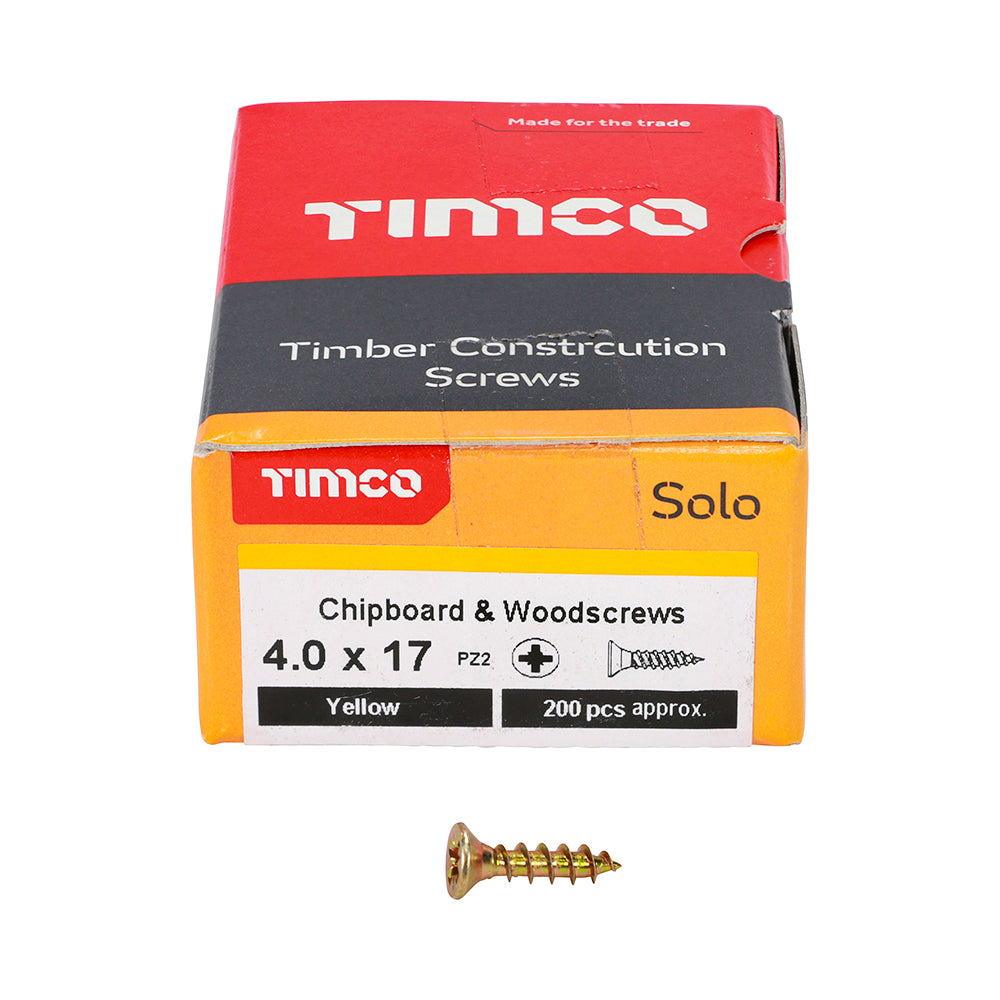 This is an image showing TIMCO Solo Chipboard & Woodscrews - PZ - Double Countersunk - Yellow - 4.0 x 17 - 200 Pieces Box available from T.H Wiggans Ironmongery in Kendal, quick delivery at discounted prices.