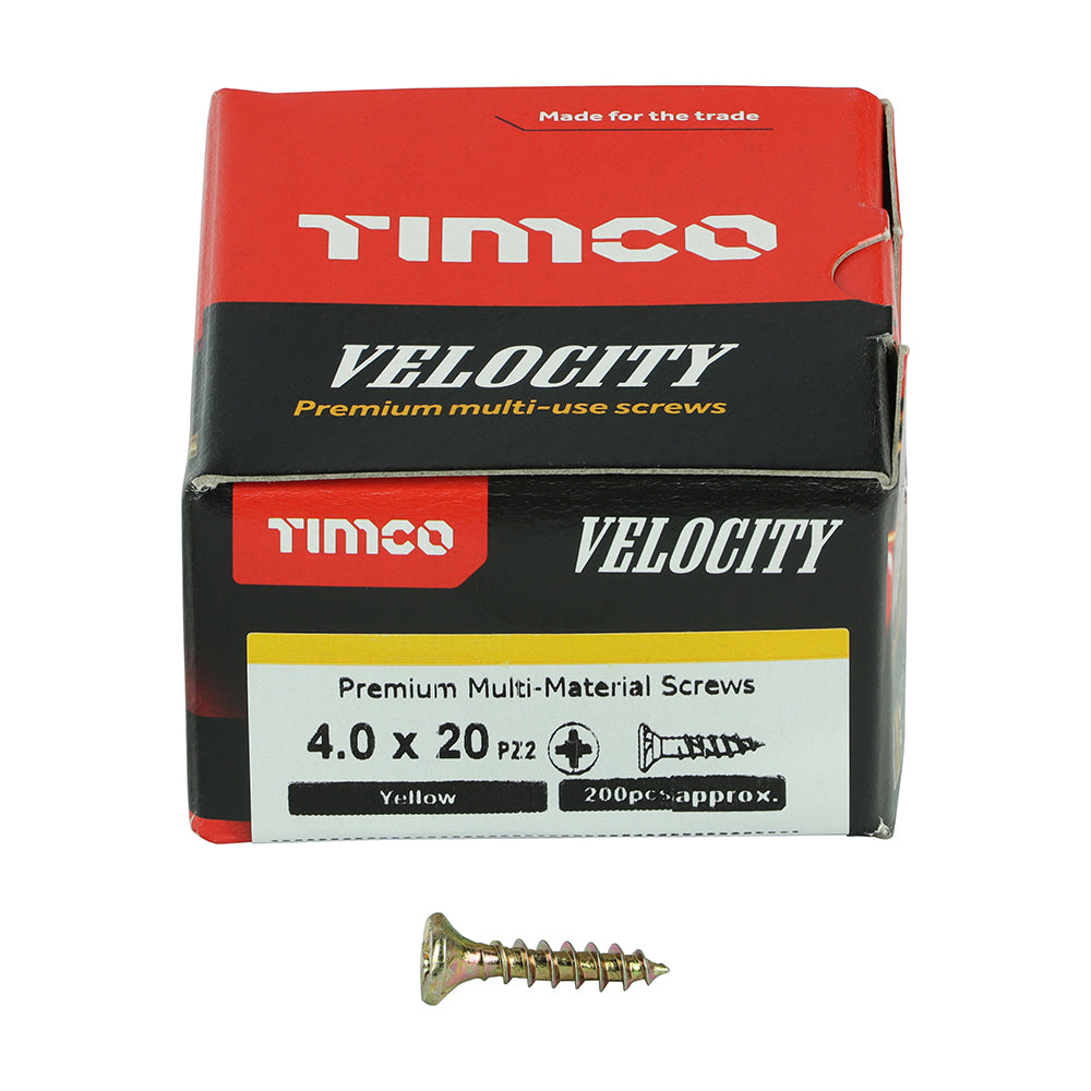 This is an image showing TIMCO Velocity Premium Multi-Use Screws - PZ - Double Countersunk - Yellow
- 4.0 x 20 - 200 Pieces Box available from T.H Wiggans Ironmongery in Kendal, quick delivery at discounted prices.